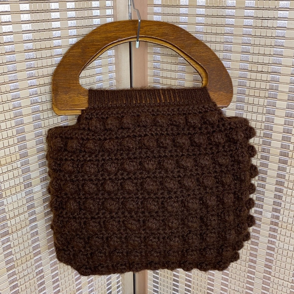 🔶 Brown Knit Boho Purse Wooden Handles Unbranded